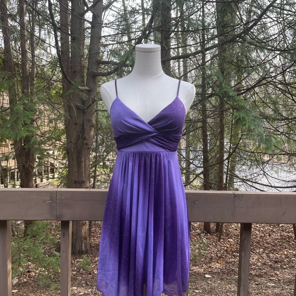 Purple Glitter Ruby Rox Mini Dress Lavender Ruched Spaghetti V-Neck Prom Dress - Picture 4 of 12